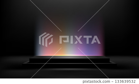 3D Product Display Mockup with Colorful Rainbow Gradient Light Beam on Dark Black Stage for Modern Technology Concept Presentation and Luxury Showcase 3D Product Display Mockup with Colorful Rainbow Gradient Light Beam on Dark Black Stage for Modern Technology Concept Presentation and Luxury Showcase 133639532