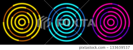 High Tech Neon Target Background with Glowing Concentric Circles and Futuristic Digital Display 133639537