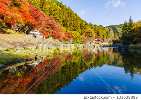 香嵐溪的秋葉和巴川的美麗倒影（愛知縣豐田市足助町） 133639889