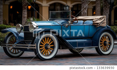 Classic Vintage Blue Roadster on Cobblestone Pavement 133639930