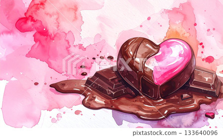 Valentine's Day watercolor painting of melting heart-shaped chocolate Valentine's Day watercolor painting of melting heart-shaped chocolate 133640096