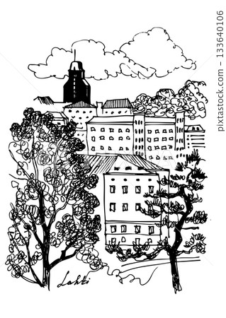 Hand-drawn vector line sketch of Lahti cityscape featuring the iconic Kaupungintalo tower. Detailed urban panorama with buildings and trees, ideal for editorial design, travel materials, posters, and Hand-drawn vector line sketch of Lahti cityscape featuring the iconic Kaupungintalo tower. Detailed urban panorama with buildings and trees, ideal for editorial design, travel materials, posters, and 133640106