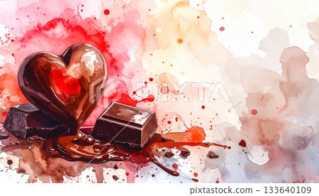 Valentine's Day watercolor painting of melting heart-shaped chocolate Valentine's Day watercolor painting of melting heart-shaped chocolate 133640109