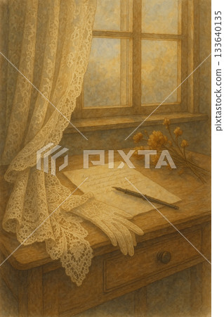 復古花蕾印花，搭配手印照片 | 藍色書法，飾以羽毛書法和乾燥花 133640135