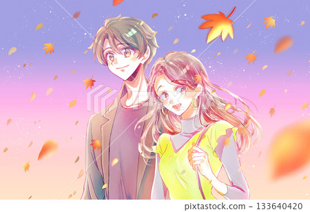 Men and women going out, autumn leaves, dusk 133640420