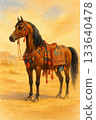Watercolor-style Arabo horse painting: desert scenery and splendid folk-style saddle decoration 133640478