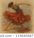 Watercolor-style crimson dancer's dynamic portrait: a full-bodied, free-spirited female art scene 133640487