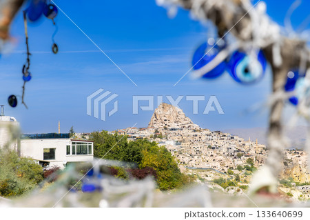 View of Uchisar Castle and amulets from Pigeon Valley, Turkey 133640699