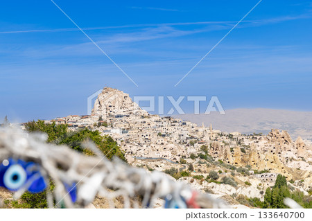 View of Uchisar Castle and amulets from Pigeon Valley, Turkey 133640700