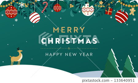 Green Christmas background template decorated with Christmas ornaments and reindeer 133640951