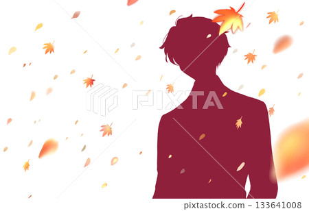 Refreshing man, black hair, autumn leaves, silhouette, shadow picture 133641008