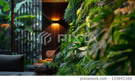 Lush greenery adorns the walls and brings a touch of nature inside the lobby 133641160