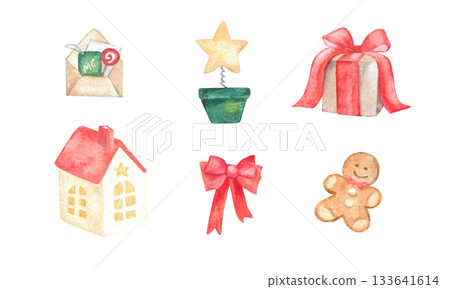 Happy gingerbread man with red bow. Set of cute watercolor Christmas elements 133641614