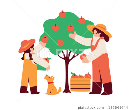 Illustration of a parent and child harvesting fruit 133641644