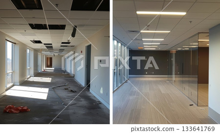 A before and after shot of the office building showcasing the impressive transformation and modernization of the space 133641769