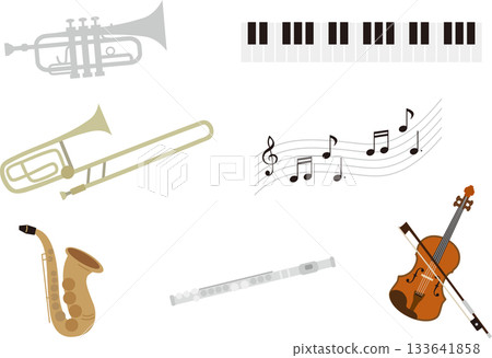 樂器插畫集:小號、長號、薩克斯風、長笛、小提琴、鍵盤樂器、音符 樂器插畫集:小號、長號、薩克斯風、長笛、小提琴、鍵盤樂器、音符 133641858