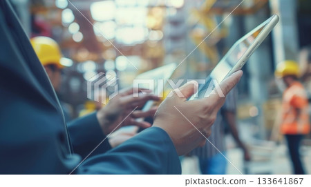 A group of project managers strategizing and sharing ideas on their tablets with a busy construction site in the background 133641867