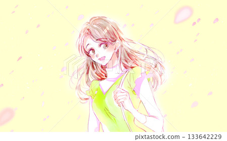 Woman going out Spring Cherry blossom blizzard 133642229