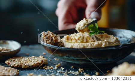 A person scooping a sful of homemade hummus onto a buckwheat cracker ready to be devoured as a tasty and healthy snack 133642331