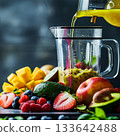 A sful of avocado oil being poured into a blender full of fruits and vegetables creating a nutrientdense smoothie 133642488