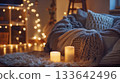 A cozy home office accented with a fluffy bean bag chair a cable knit blanket and a string of fairy lights for a charming ambiance 133642496
