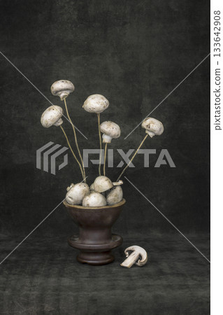 Still life "Bouquet of mushrooms" with mushrooms on wooden sticks 133642908