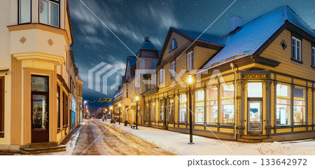Parnu, Estonia. Night View Of Famous Ruutli Street With Old Buildings And Houses In Evening Night Illuminations. 133642972
