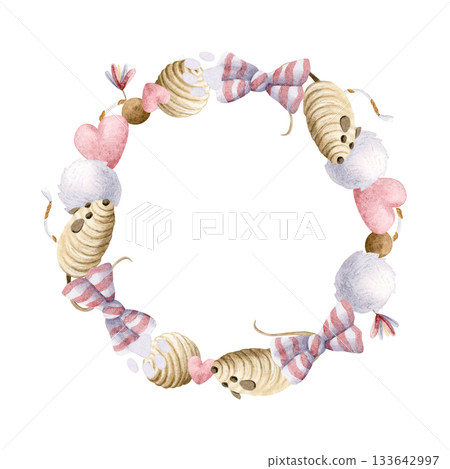 Watercolor cat toys round frame with balls, pompom, mouse toys, rope with feathers and bow. Cute wreath illustration in pastel beige and pink colors. Pet goods clip art for pet shops 133642997