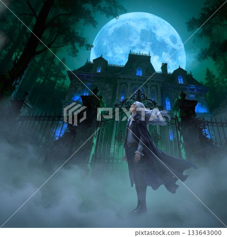 一幅描繪漆黑夜空中皎潔的滿月、一座神秘而美麗的西部城堡以及吸血鬼的插圖。 133643000
