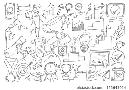 Achievement Related Doodle vector set. Drawing sketch illustration hand drawn line eps10 133643014