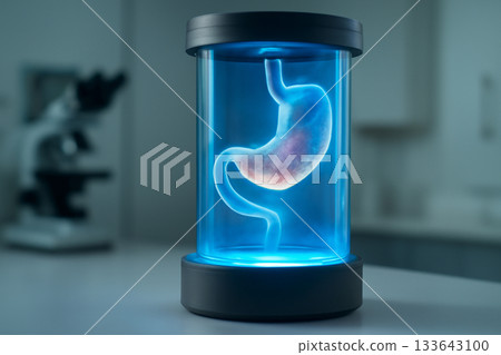 AI generated rotating 3D hologram of a human stomach inside a blue-lit diagnostic chamber, symbolizing medical technology and digestive analysis in a futuristic lab setting AI generated rotating 3D hologram of a human stomach inside a blue-lit diagnostic chamber, symbolizing medical technology and digestive analysis in a futuristic lab setting 133643100