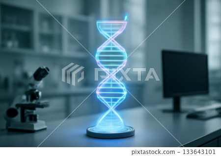 AI generated futuristic DNA hologram in a cutting-edge lab with neon blue and purple colors, symbolizing biotechnology and genetic research. The image evokes innovation, science, and technological 133643101