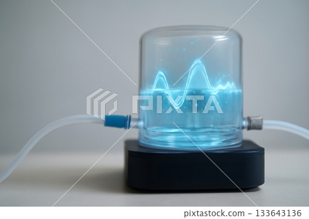 AI generated high-tech cardiac fluid modulator with a glowing hologram depicting vein pressure oscillation in a clear chamber. Sleek design with soft background perfect for medical technology AI generated high-tech cardiac fluid modulator with a glowing hologram depicting vein pressure oscillation in a clear chamber. Sleek design with soft background perfect for medical technology 133643136