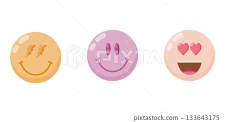 Set of three colorful retro smiley faces Set of three colorful retro smiley faces 133643175
