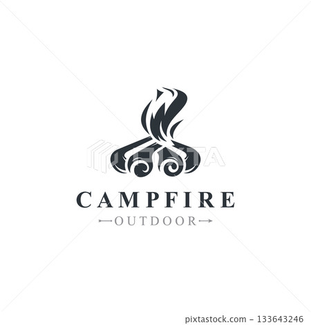 Campfire logo Vintage adventure Wildlife design camping wood fire illustration template 133643246