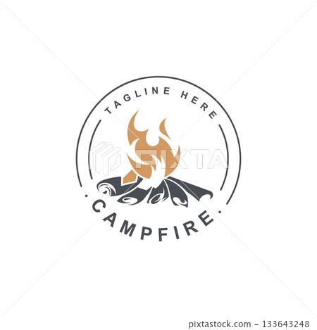 Campfire logo Vintage adventure Wildlife design camping wood fire illustration template 133643248