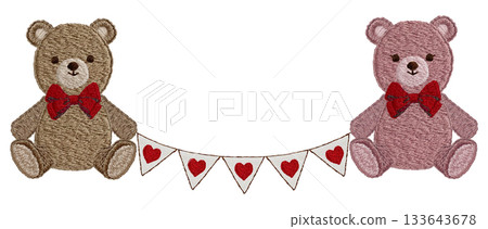 [Teddy bear and heart garland] Hand-embroidered illustration material 133643678