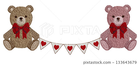 [Teddy bear and heart garland] Hand-embroidered illustration material 133643679
