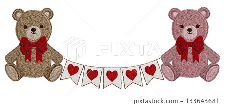 [Teddy bear and heart garland] Hand-embroidered illustration material 133643681