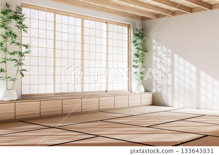 Japanese minimalist empty room interior with shoji sliding window, 3D render 133643831
