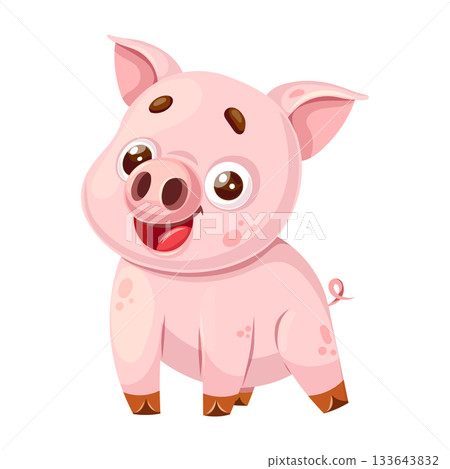 Cute vector cartoon pig character for kids, perfect for nursery designs, posters, stickers, educational materials, and playful childrens illustrations 133643832