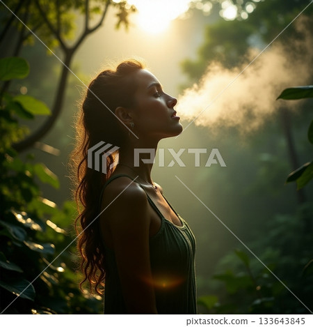 Whispers of morning light in a tranquil forest setting Generative AI 133643845