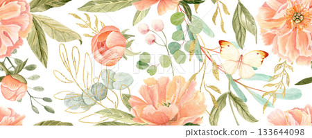 Delicate peonies in soft peach tones watercolor seamless pattern on white. Hand-painted with high detail, perfect for wedding invitations, branding, packaging, fabric design, cards. Gold, green leaves Delicate peonies in soft peach tones watercolor seamless pattern on white. Hand-painted with high detail, perfect for wedding invitations, branding, packaging, fabric design, cards. Gold, green leaves 133644098