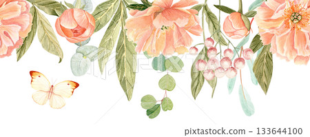 Peonies and butterfly in soft peach tones watercolor seamless border on white. Hand-painted high detail, perfect for wedding invitations, branding, packaging, fabric design, cards. Gold, green leaves. Peonies and butterfly in soft peach tones watercolor seamless border on white. Hand-painted high detail, perfect for wedding invitations, branding, packaging, fabric design, cards. Gold, green leaves. 133644100