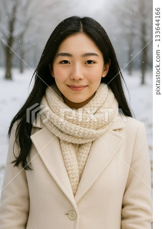 雪中微笑的女子特寫肖像 133644166