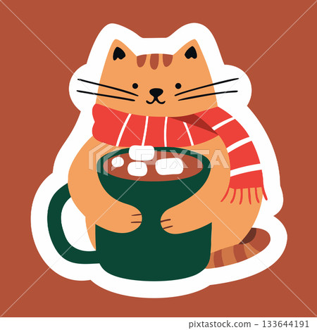 Cozy cartoon cat with a scarf enjoying a mug of hot chocolate with a marshmallow, a cute kawaii vector sticker for winter Cozy cartoon cat with a scarf enjoying a mug of hot chocolate with a marshmallow, a cute kawaii vector sticker for winter 133644191
