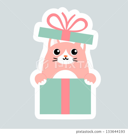 Cute pink cartoon cat peeking out from a gift box, a kawaii vector sticker for messaging, digital planning, and social media 133644193