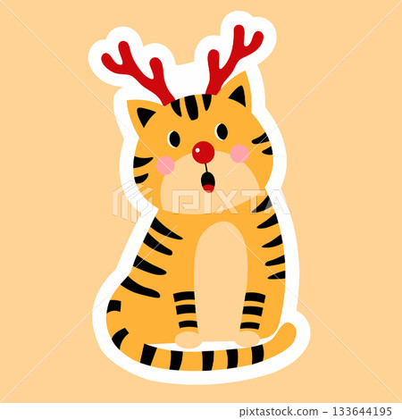 Cute cartoon cat wearing reindeer antlers, a playful christmas sticker design for holiday messaging and festive pet themes 133644195