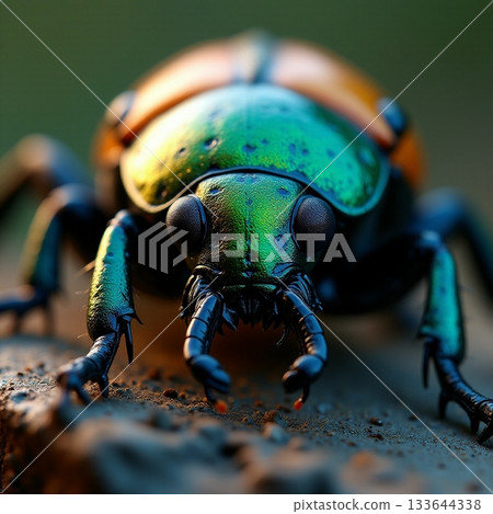 Bright green beetle exploring a wooden surface in nature Generative AI 133644338
