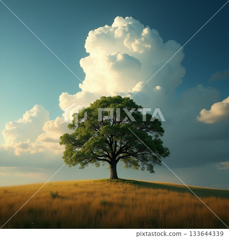 Lone tree on a grassy hill under a blue sky Generative AI 133644339